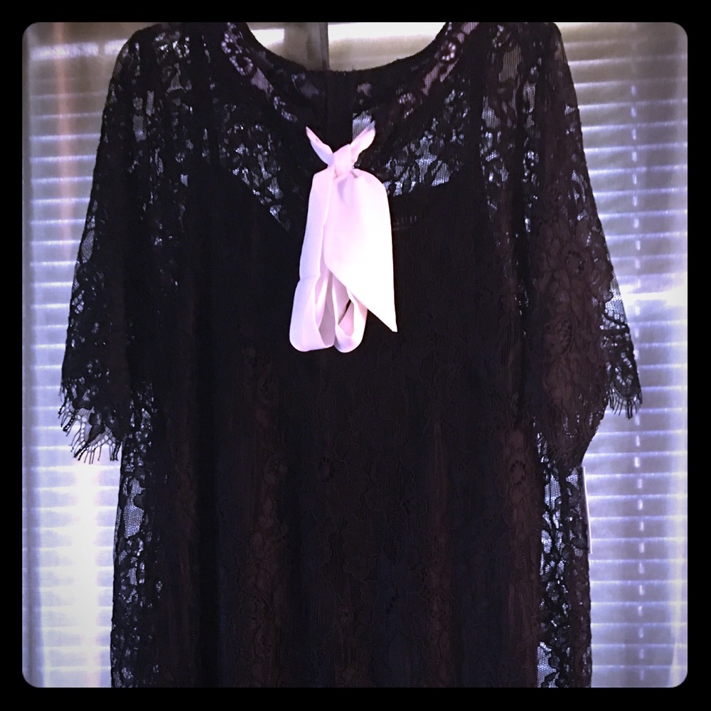 ELOQUII -Black lace dress white bow tie accent.